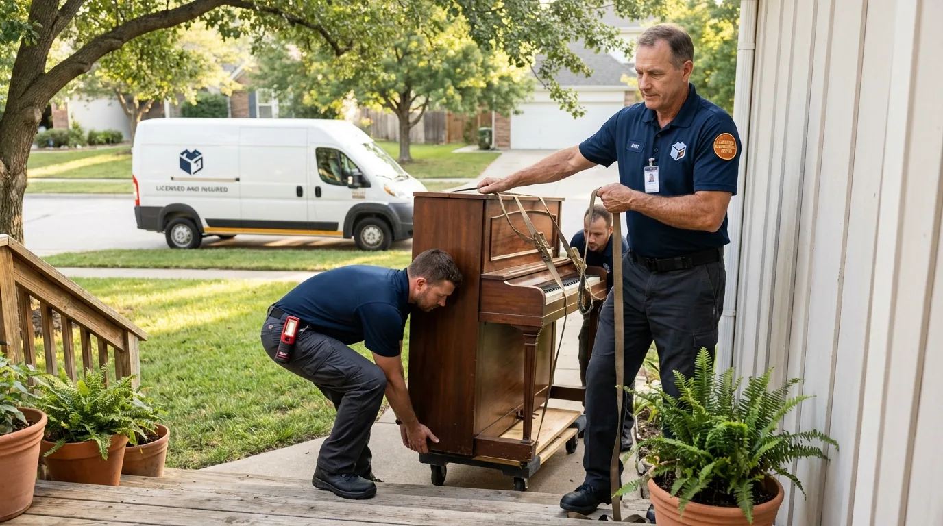 Licensed piano movers securing grand piano in Canton, PA