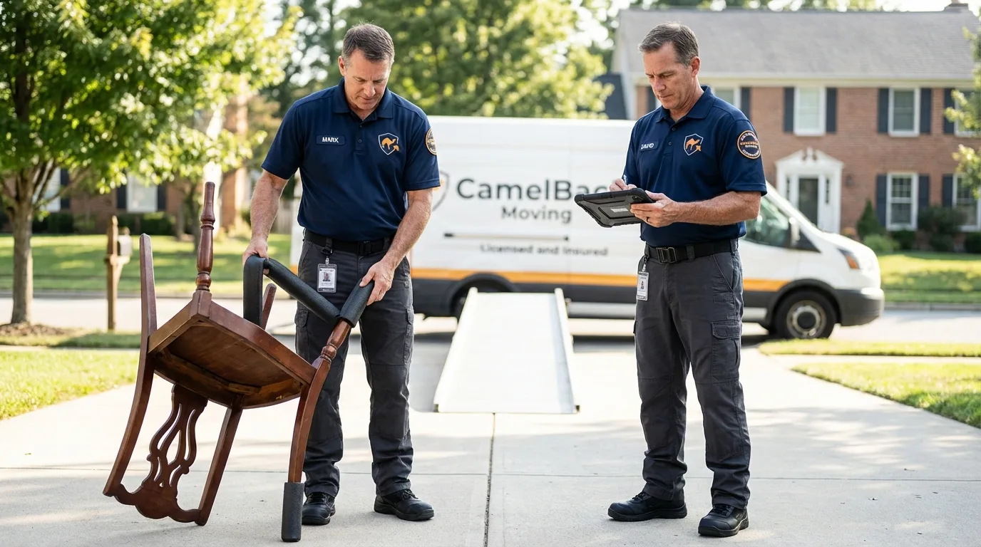 Movers inspecting furniture for damage prevention before loading in Canton, PA